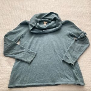 Sundance Blue 100% Cashmere Cowl Neck Sweater S. Small hole, front (pictured)